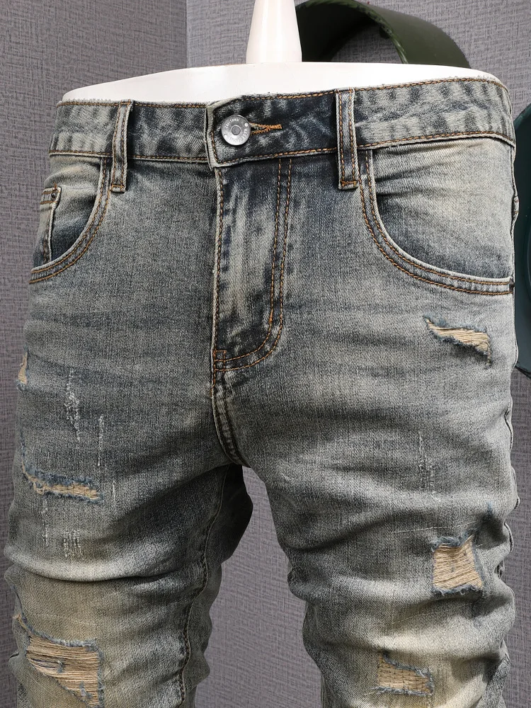 2025New Retro Nine-point Jeans Men with Ripped Patches, Distressed, Trendy Street Style, Stretch Skinny Pants