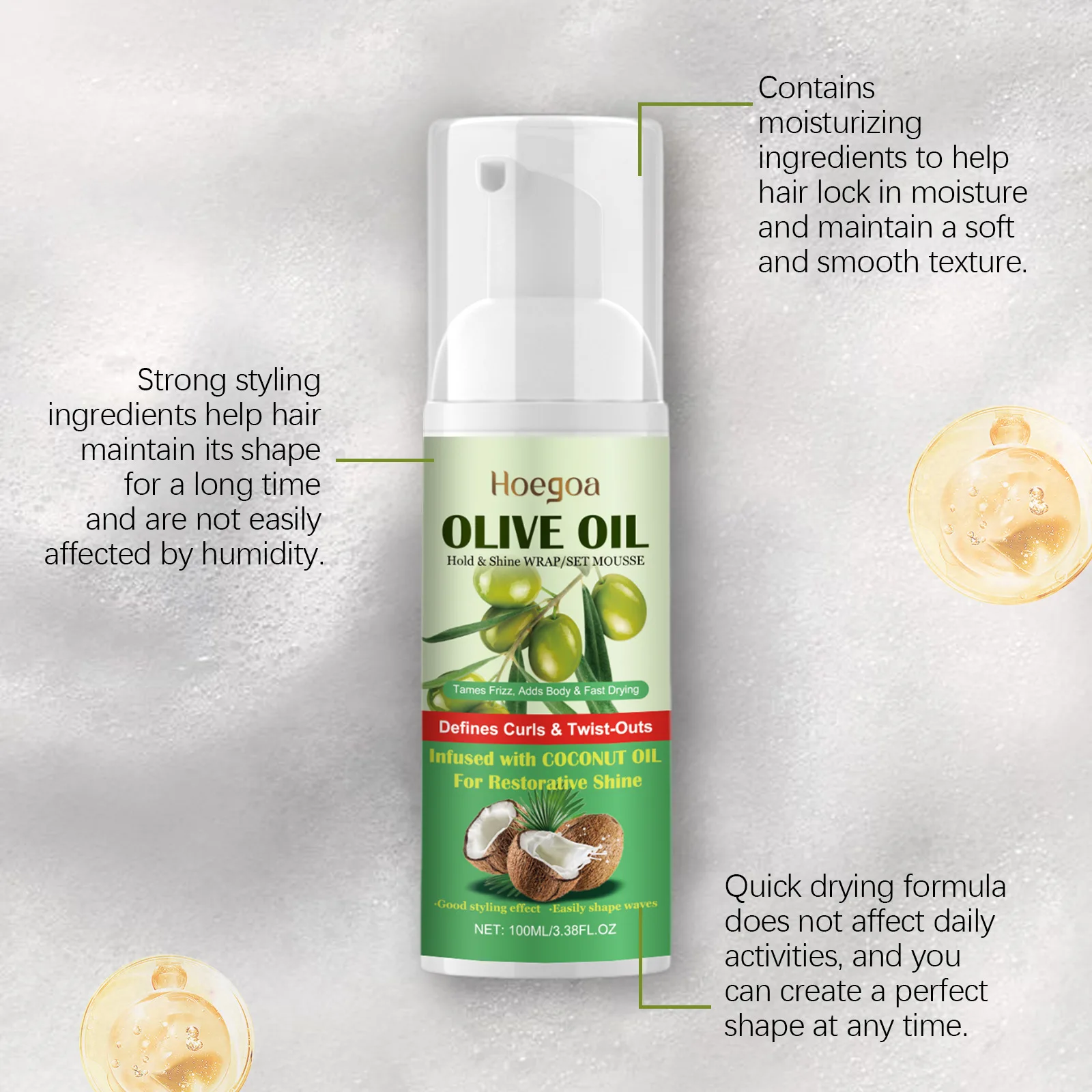 Hoegoa Olive Oil Hair Styling Foam Mousse Edges Control Finished Molding Non Greasy Keep Fixed Curly Hair Shaping Foam Mousses