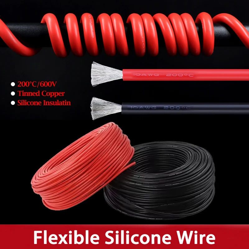 

1~50m Red Black Heat Resistant Cable 30/28/26/24/22/20/18/16AWG Silicone Rubber Tinned Copper Wire Car Battery Automotive Wiring