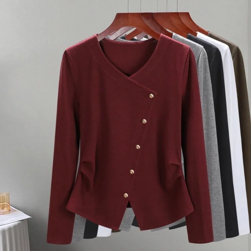 

V-neck Long-sleeved Top Women in Autumn New Loose T-shirt Solid Color High-end Slit Clothes Covering Meat Base Shirt