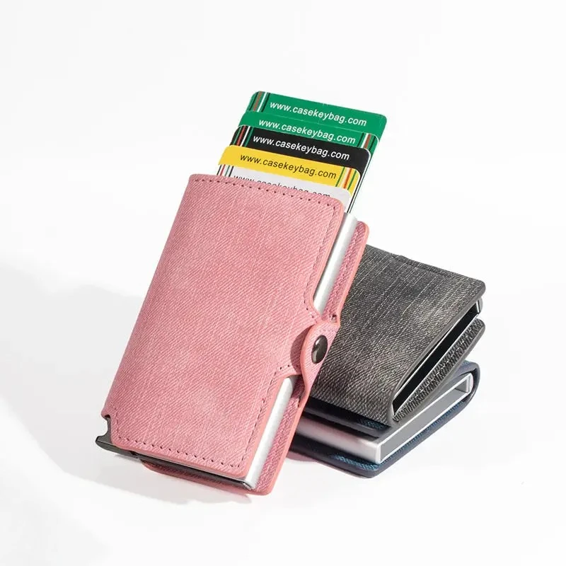 Women's Pink Wallet Slim Minimalist Pu Leather Automatic Pop UP Wallet Money Clip Rfid Aluminum Credit Card Holder for Women Men