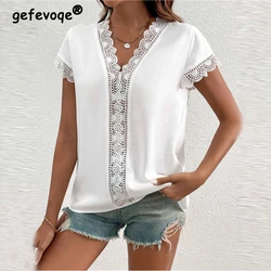 Donne Sexy Hollow Lace Patchwork elegante T Shirt estate moda scollo a V manica corta Tees bianco Casual allentato top Ropa De Mujer