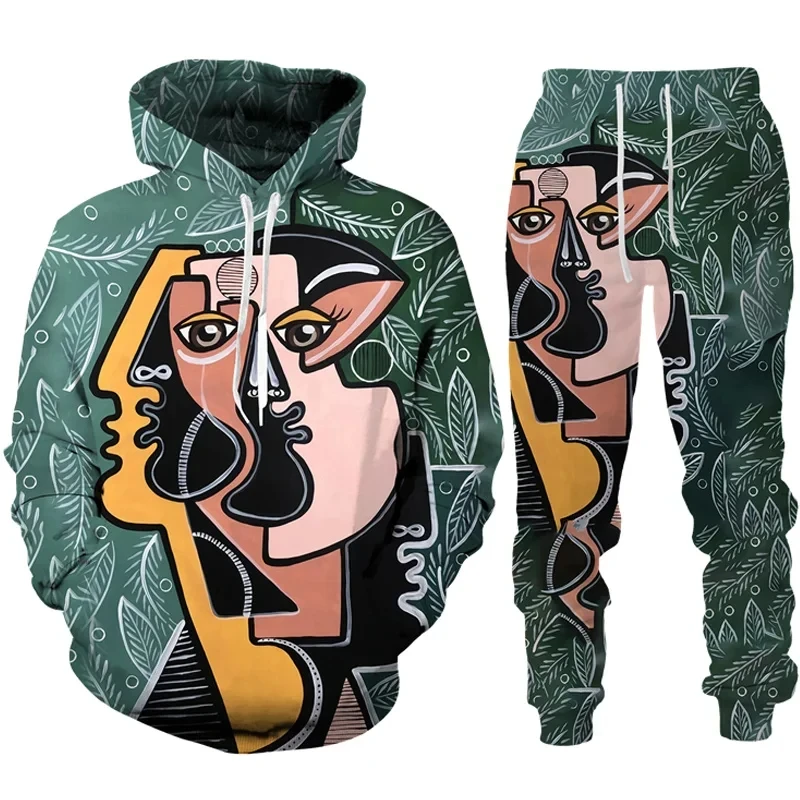 Autumn Abstract Face 3D Printed Hoodie Suit Men Sweatshirts Sweatpants Casual Fashion Two Piece Tracksuit Set Men's Clothing