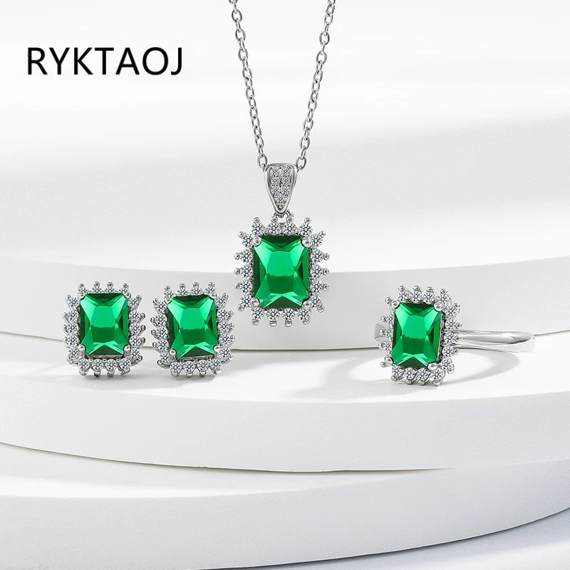 925 Sterling Silver Emerald Cut Green Cubic Zirconia Jewelry Set Halo Pendant Necklace Stud Earrings Open Ring Women Jewelry