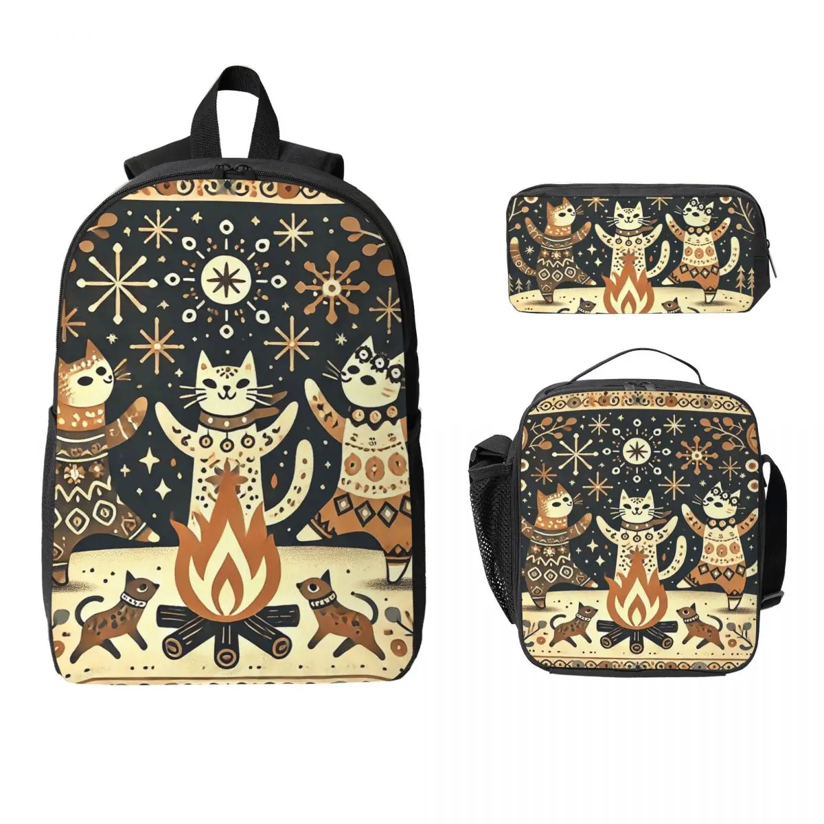 Cat Bonfire Dance Party Backpack Student BookBag School Bag Computer Shoulder Bags 3ps Insulated Lunch Bag Pencil Case