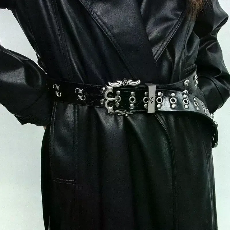 Y2K حزام فاسق برشام حزام من الجلد للرجال والنساء فستان جينز قوطي عصري إكسسوار مع مشبك