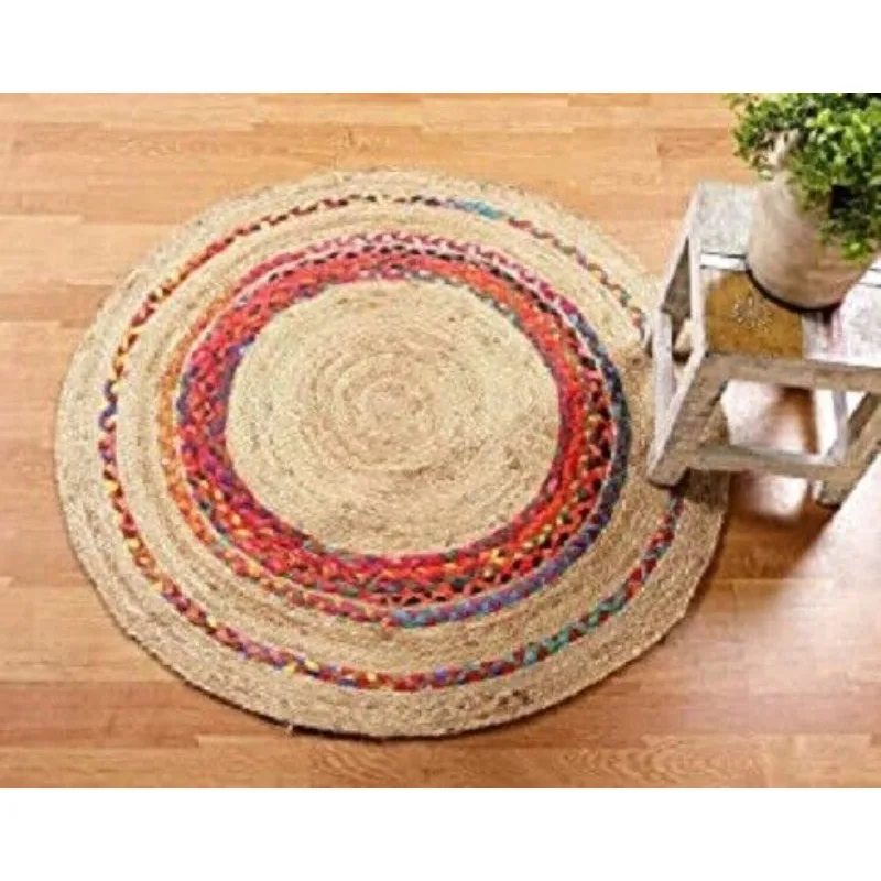 Rug Round Natural Jute & Cotton Reversible Carpet Living Modern Area Rag Rug