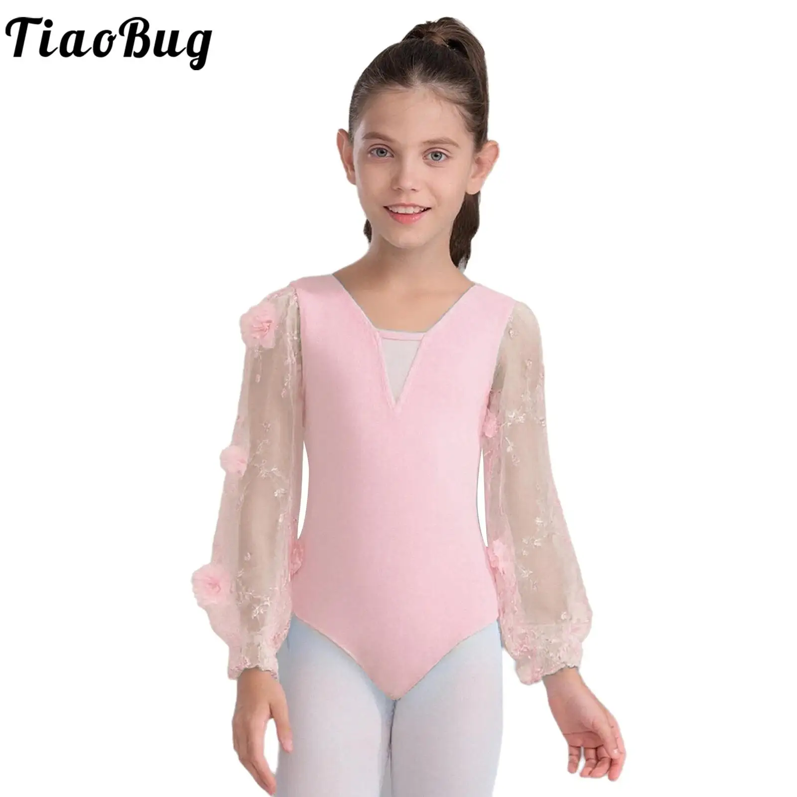 Kids Girls Gymnastics Leotard Ballet Dance Figure Skating Costume Flowers Embroidery Sheer Mesh Long Sleeve Bodysuit Dancewear