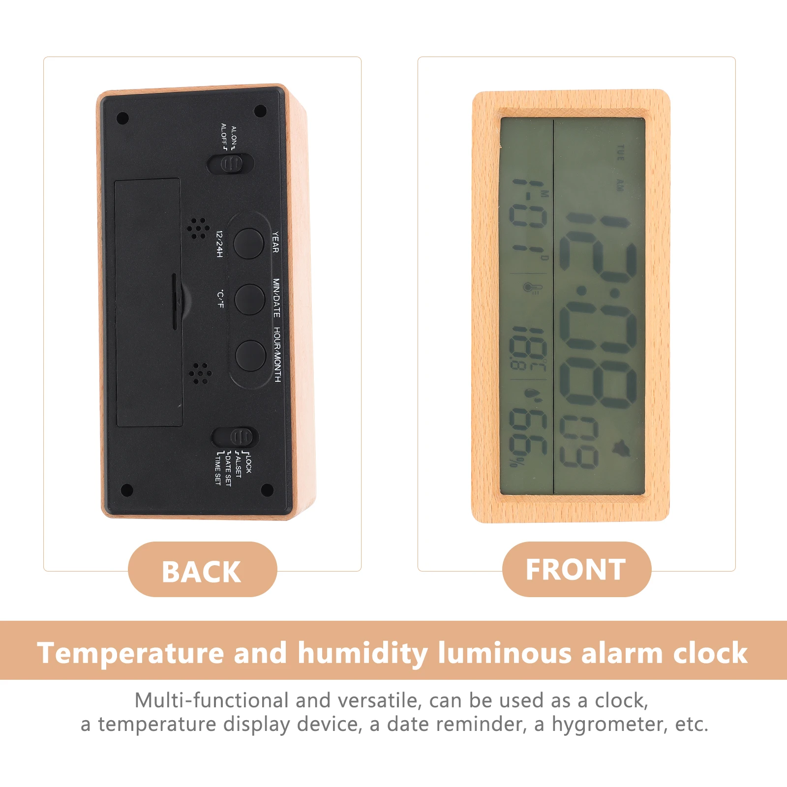 

Wooden Clock Digital Alarm Multi functional Thermometer Hygrometer Home Office Decor Temperature Humidity Display for Gifts