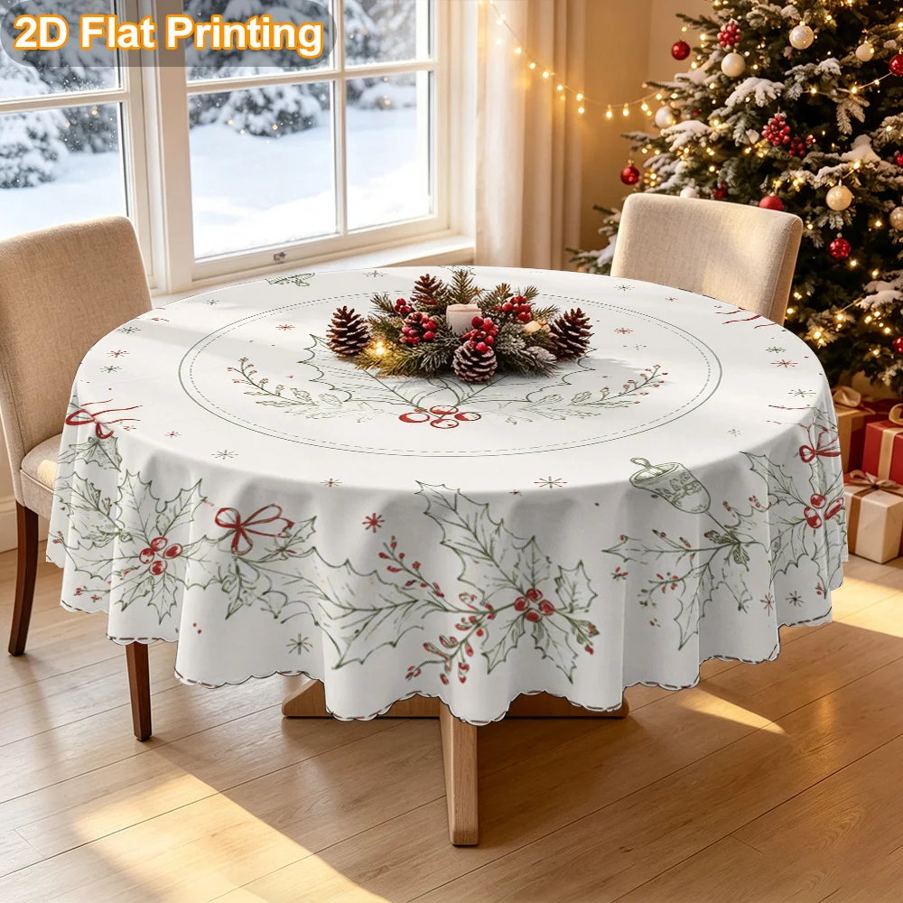1 DKOD Round Table Cover, Holly Berry Tablecloth - Elegant for Christmas, Thanksgiving, Easter