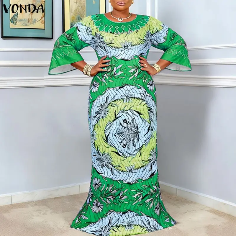 

Plus Size 5XL VONDA Bohemian Maxi Dresses Women 3/4 Sleeve Casual Print Sundress 2026 Summer Oversized Party Long Vestidos Robe