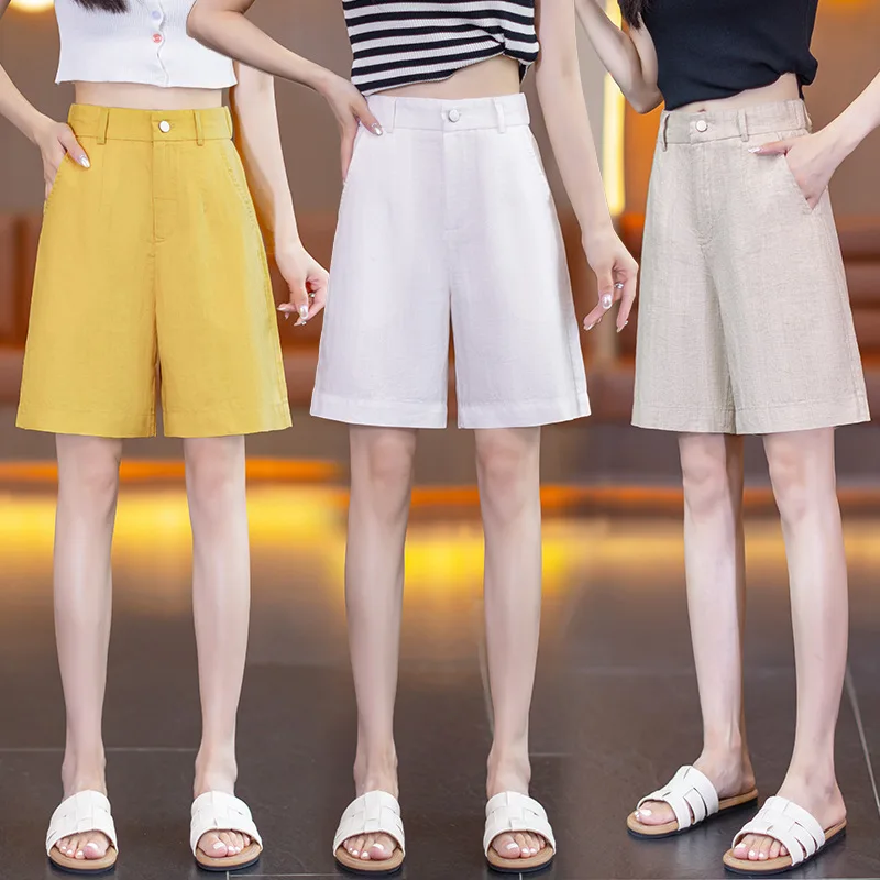 خفيفة الوزن الكتان ملابس خارجية السراويل عارضة مستقيم المرأة السراويل الصيف فضفاضة السراويل الساخنة ثنيات السراويل خمس نقاط