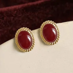 Retro Geometric Resin Burgundy Oval Studs Earrings For Women Holiday Party Gift Sporty Fashion Jewelry Ear Accessories E414