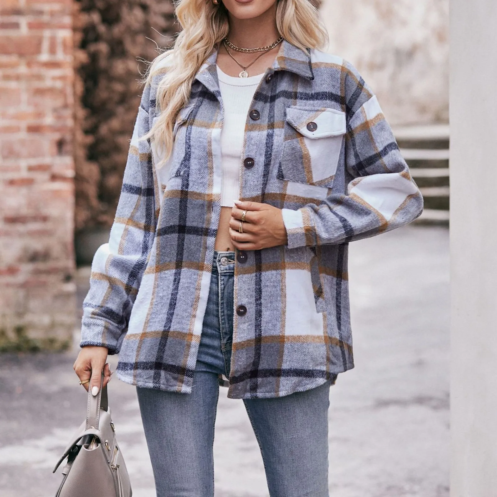 

Women's 2024 Autumn Winter Plaid Jacket Casual Loose Pockets Shirt Bleached T Shirt