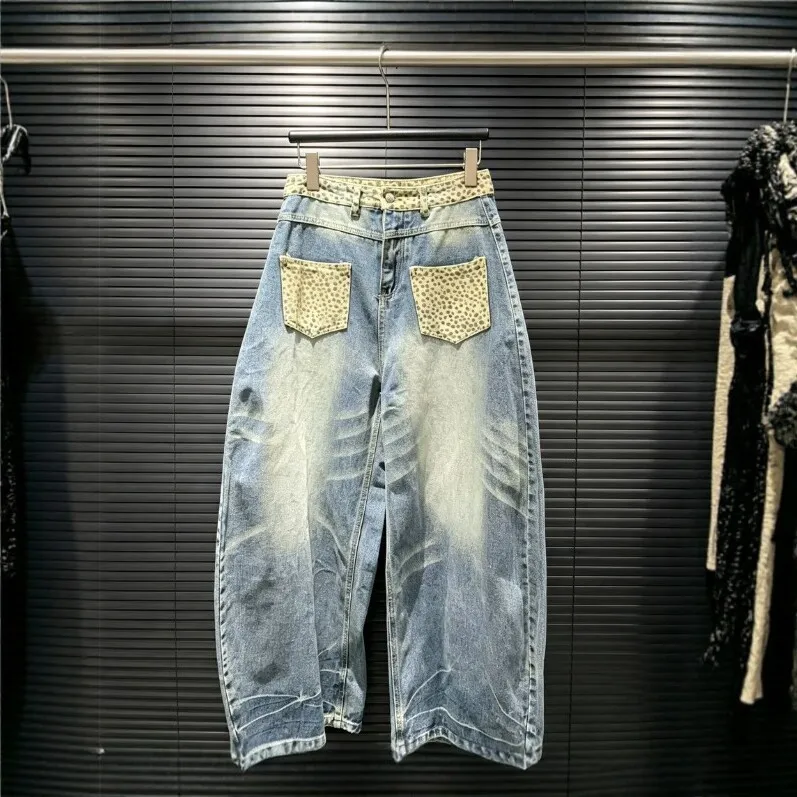 Patchwork Wide Leg Jeans No Stretch Japanese Korean Casual with Whiskering Water Washed Leopard Print Cropped Spring Women Pants