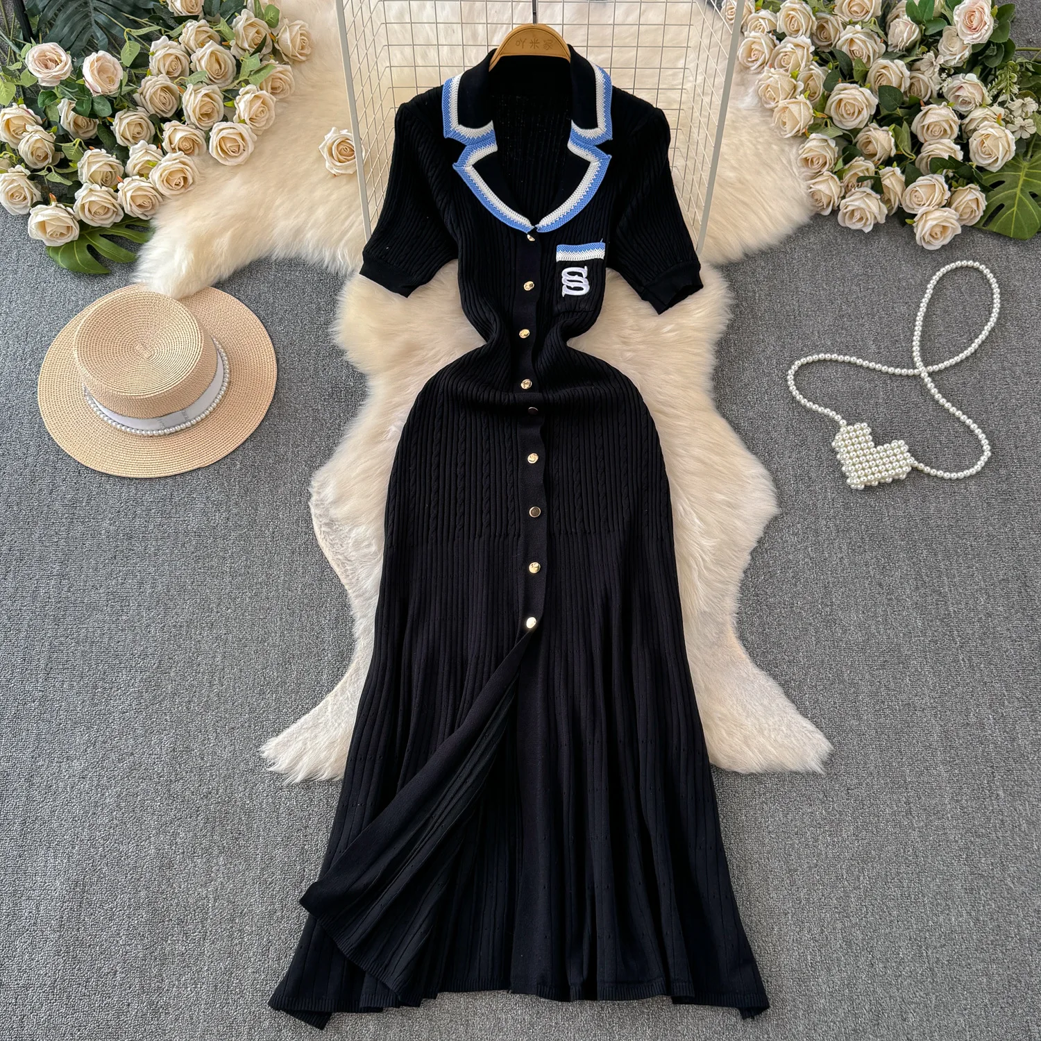 Fashion Knitted Maxi Dress 2024 New Elegant Turn-down Collar Embroidery Long Shirt Dress Lady Sweater Vestidos