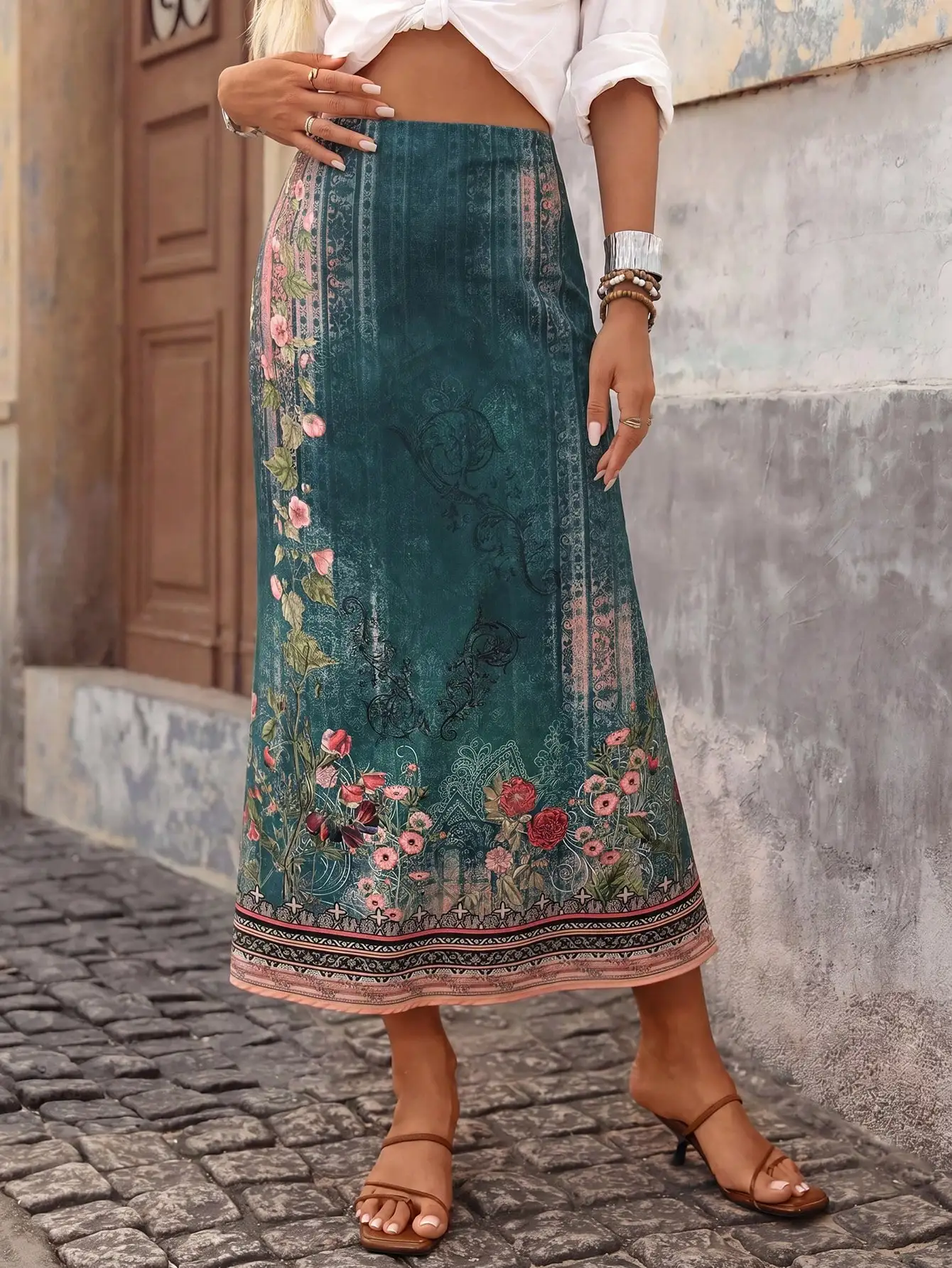 Brillora Green Floral Summer Boho Vacation Holiday Lady Elegant Teal Sequin Tropical Woven Print Skirt, Country Concert Office Beach For Women
