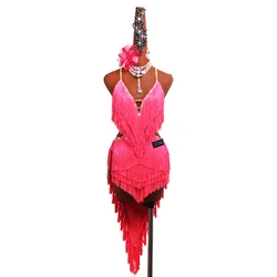 Professional Latin Dance Performance Competition Uniform Adult Women Flash Diamond Pink Fringed Backless Sleeveless Dance Dress