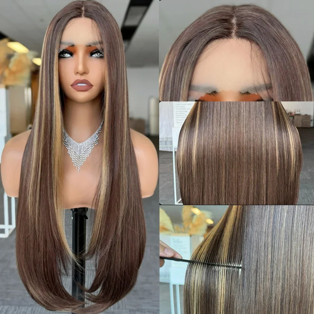 X-TRESS Highlight Brown Synthetic Lace Front Wig Pre Plucked 32Inch Long Straight Synthetic Wig with Baby Hair for Women Fashion