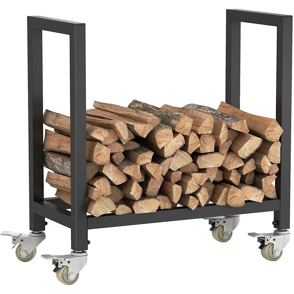 

Wrought Iron Outdoor Log Storage Rack with 4 Wheels, IReWood Design