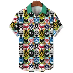 Vintage Men's Shirt 3d Mexican Wrestling Printed Shirts Short Sleeve Casual Cardigan Clothing For Male Summer Tops Lapel Blouse