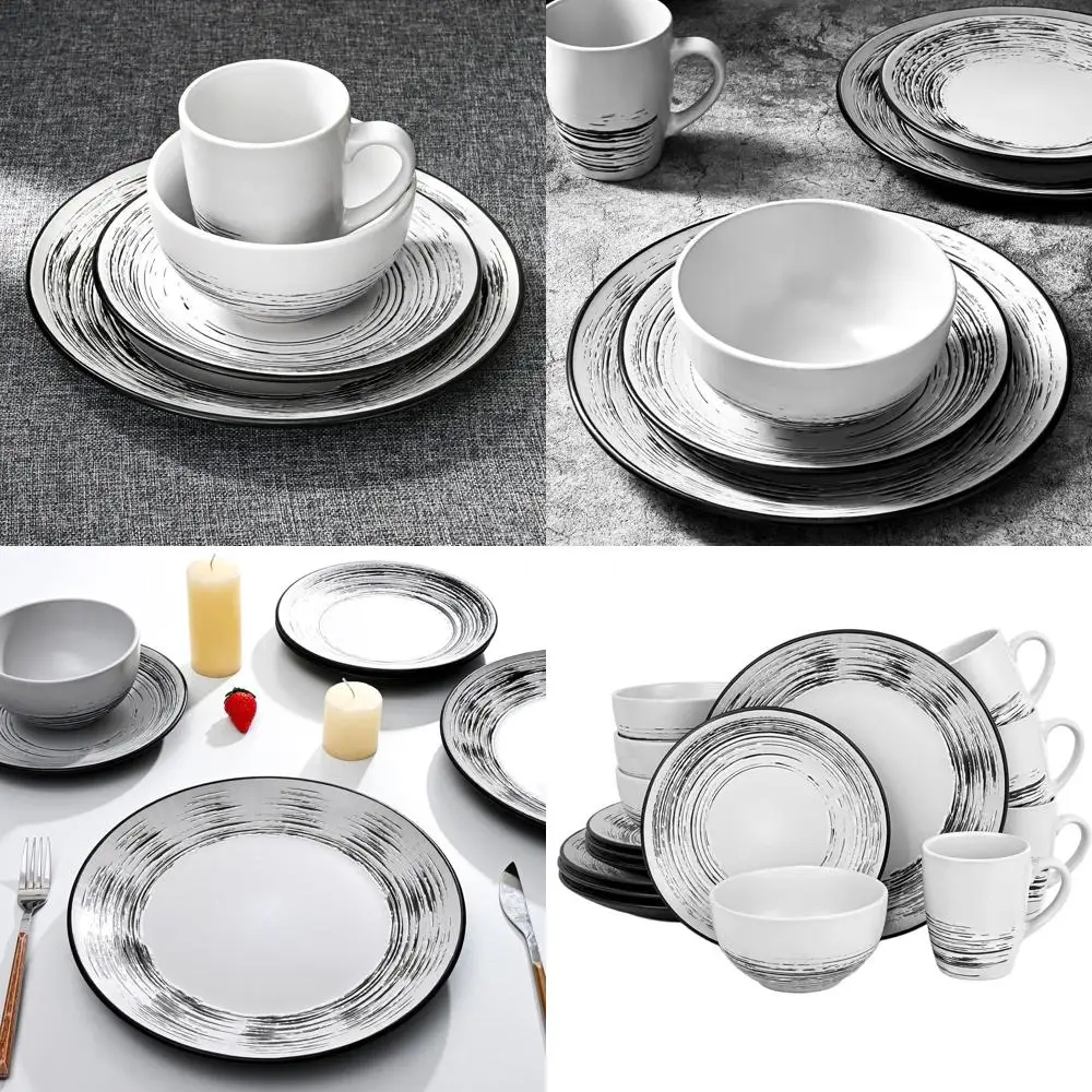 

Набор посуды из 16 предметов из керамогранита – минималистичный дизайн, устойчивый к сколам, подходит для микроволновой печи и посудомоечной машины, белый с черными полосами