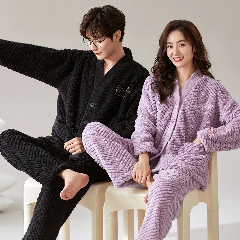 Couple Winter Warm Pajamas Cardigan Kimono Long Sleeved Trouser Nightwear Men Sleep Women Sleepwear Pijamas pijamas para parejas