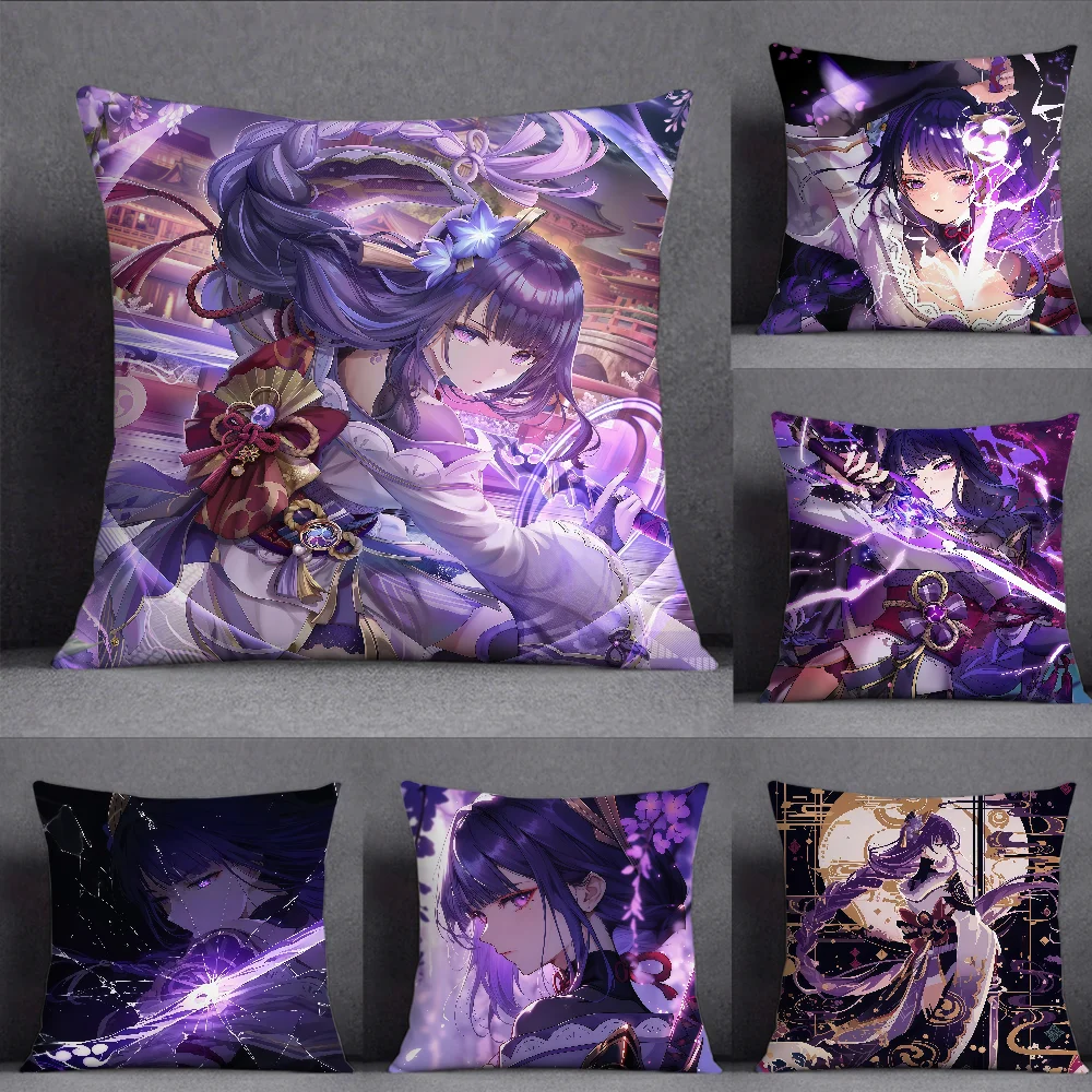Genshin Impact Raiden Shogun Pillow Case Square Double-Sided Printing Sofa Cushion Cover Pillowcase Bedroom Bedside