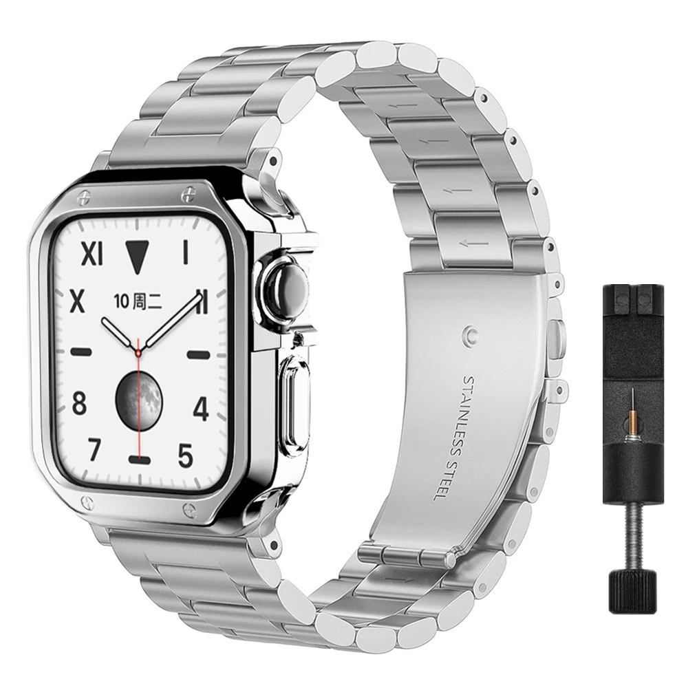 

Чехол из поликарбоната и ремешок из нержавеющей стали для Apple Watch Band 45 мм 41 мм 40 мм 44 мм 38 мм 42 мм, ремешок для часов iWatch series 5 4 3 SE 6 7