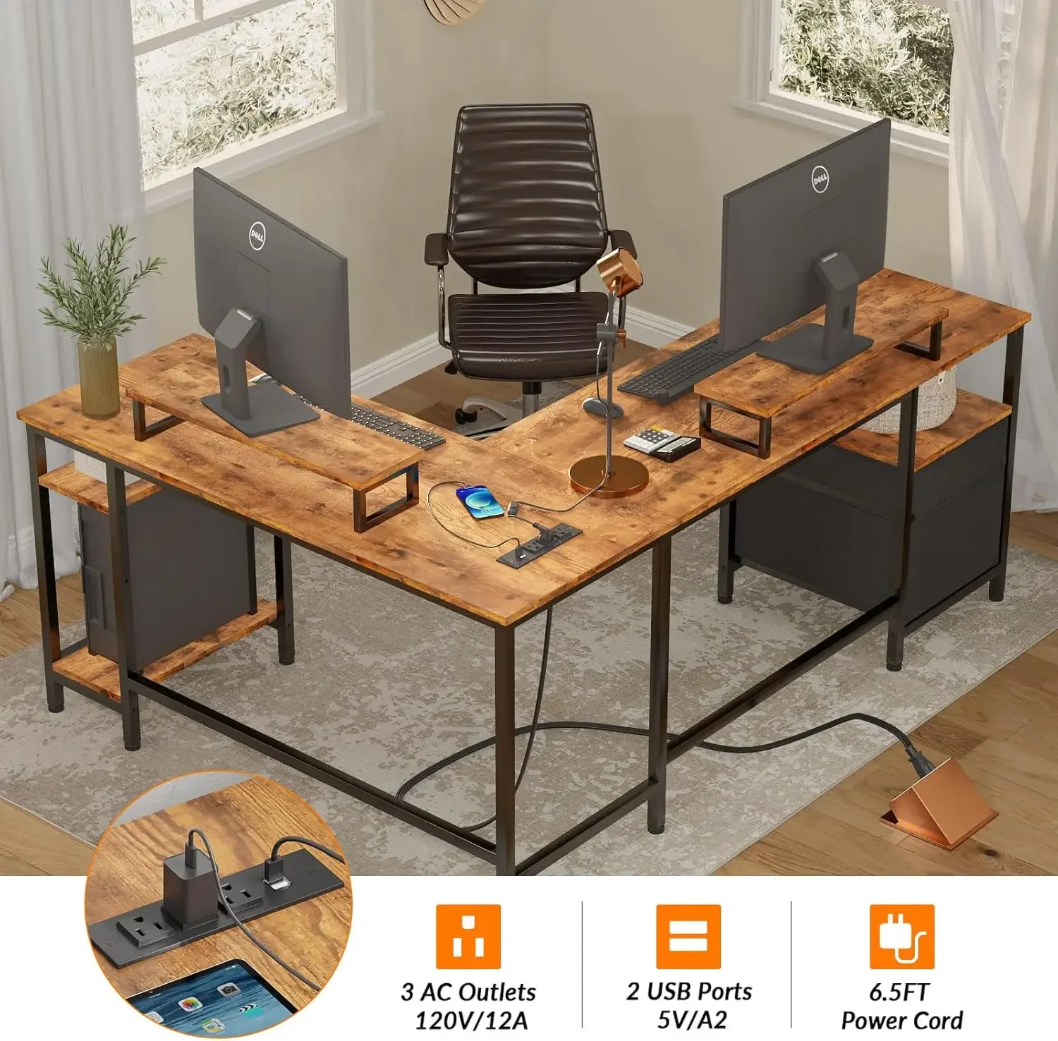66” L Shaped Desk with Power Outlet, Reversible Computer Desk with File Drawer & 2 Monitor Stands, Home Office Desk with Storage