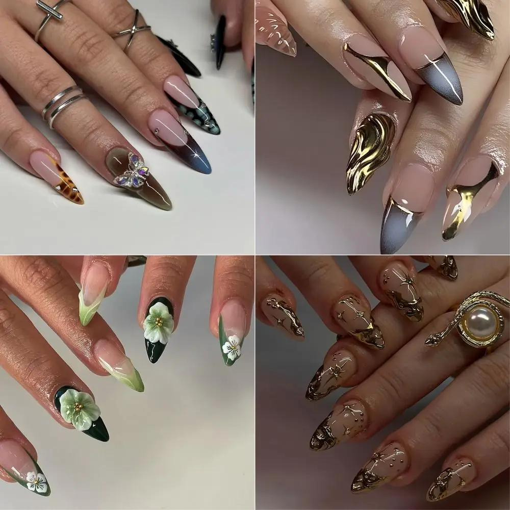 24/30PCS/BOX 3D Flower Bow Love Full Cover False Nail with Jelly Stickers Leopard Print Press on Nails Fake Nail For Women Girl