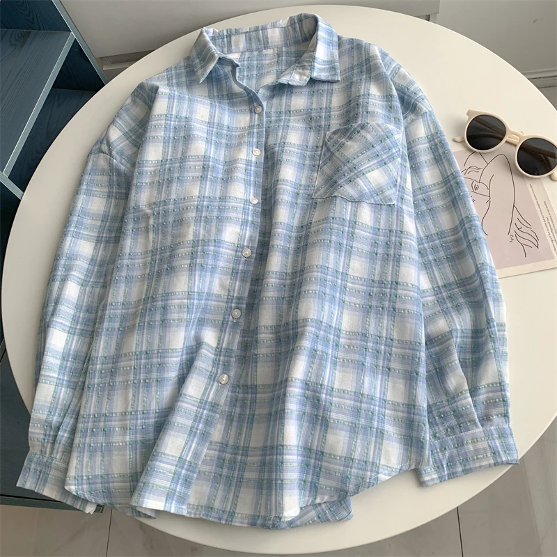 

100% Cotton Blue Plaid Long Sleeve Shirts For Women, Loose Fit Shirt Jacket