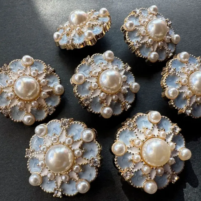 6pcs 18/23mm Luxury High End Pearl-And-Rhinestone Inlay Blue Metal Buttons for Clothing Coat DIY Hand Sewing Buttons Accessories