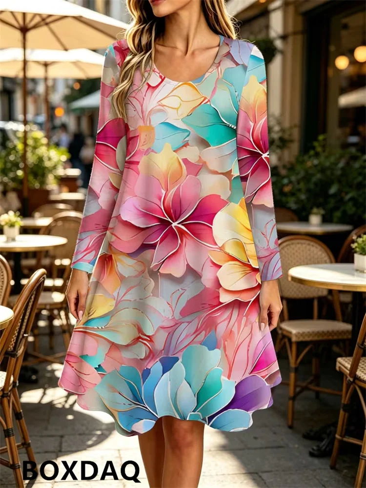 Elegant Round Neck Long Sleeved Women's Dress New Multi Colored Floral Pattern Printed Casual Loose A-Line Dresses