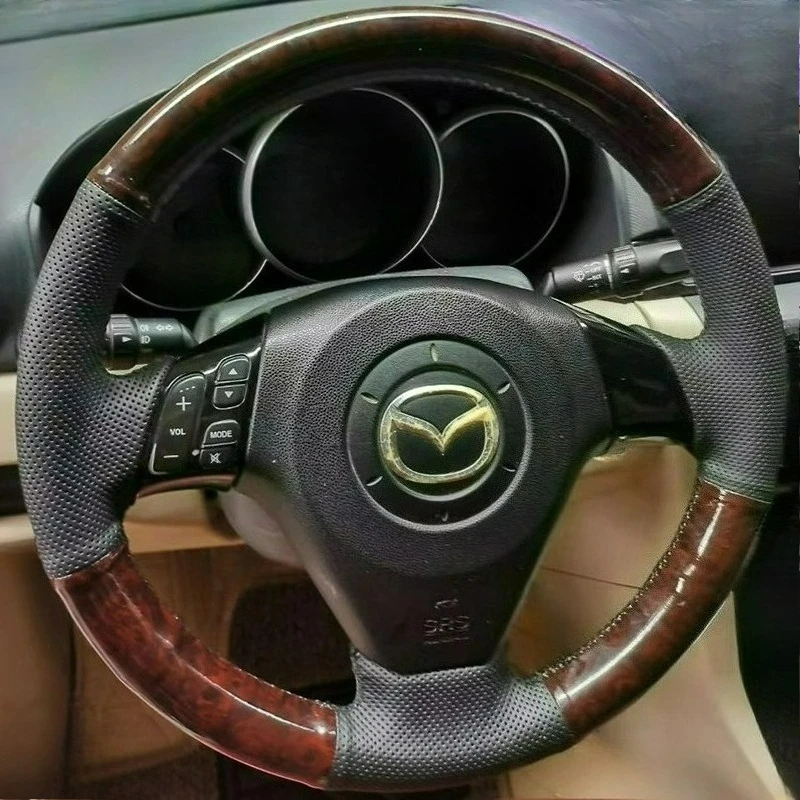 

Hand Stitched renovation Non-slip peach wood color black leather car Steering wheel cover For Mazda 5 Mazda 3 Mazda 6 2003-2009