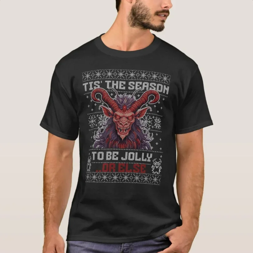 

Tis The Season To Be Jolly Krampus Ugly Christmas Sweater Футболка из 100% хлопка с круглым вырезом и коротким рукавом Повседневная мужская футболка Размер S-3XL