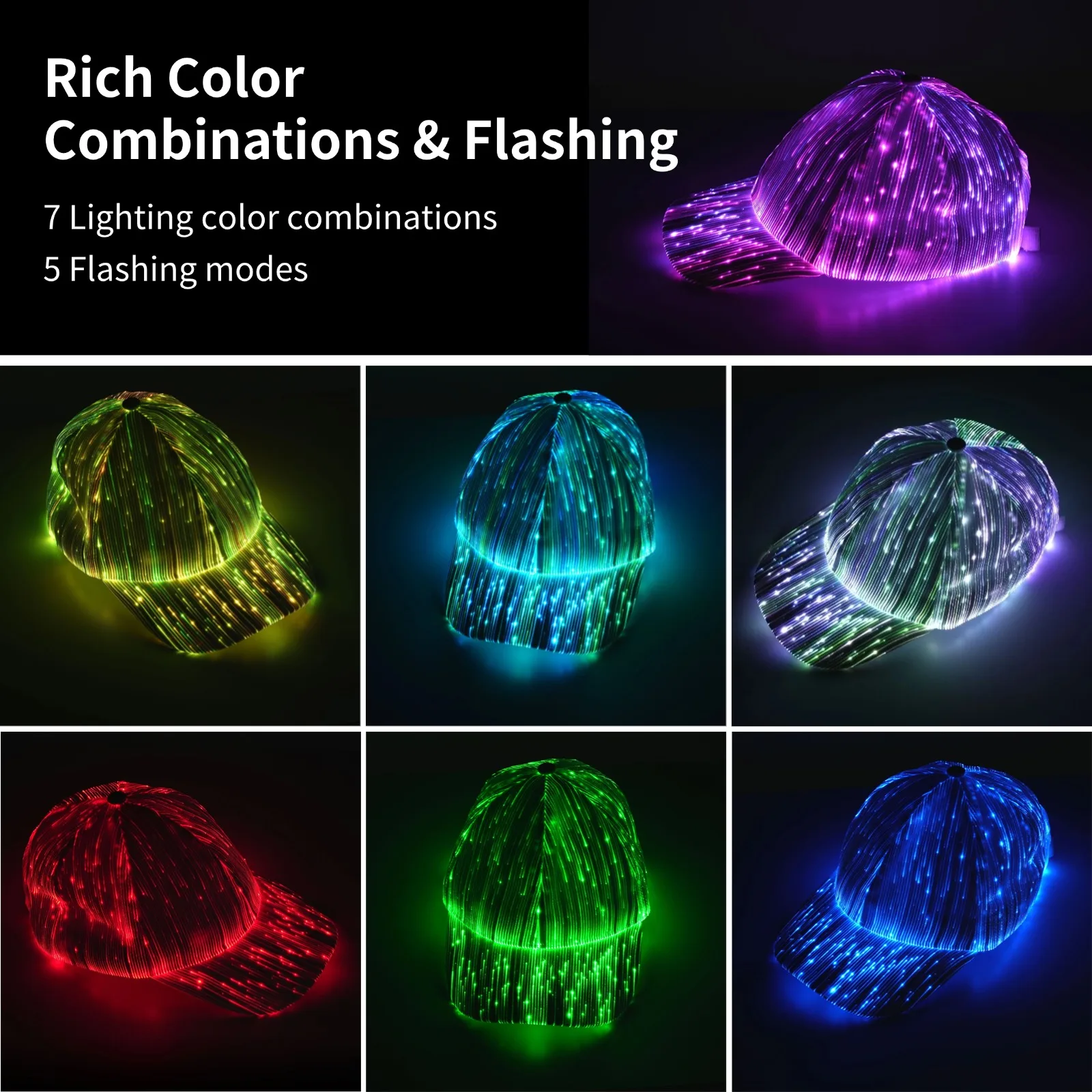 غطاء من الألياف البصرية LED قبعة 7 ألوان مضيئة متوهجة قبعات البيسبول USB كابل شحن الإضاءة غطاء LED للحفلات لقضاء عطلة الحدث