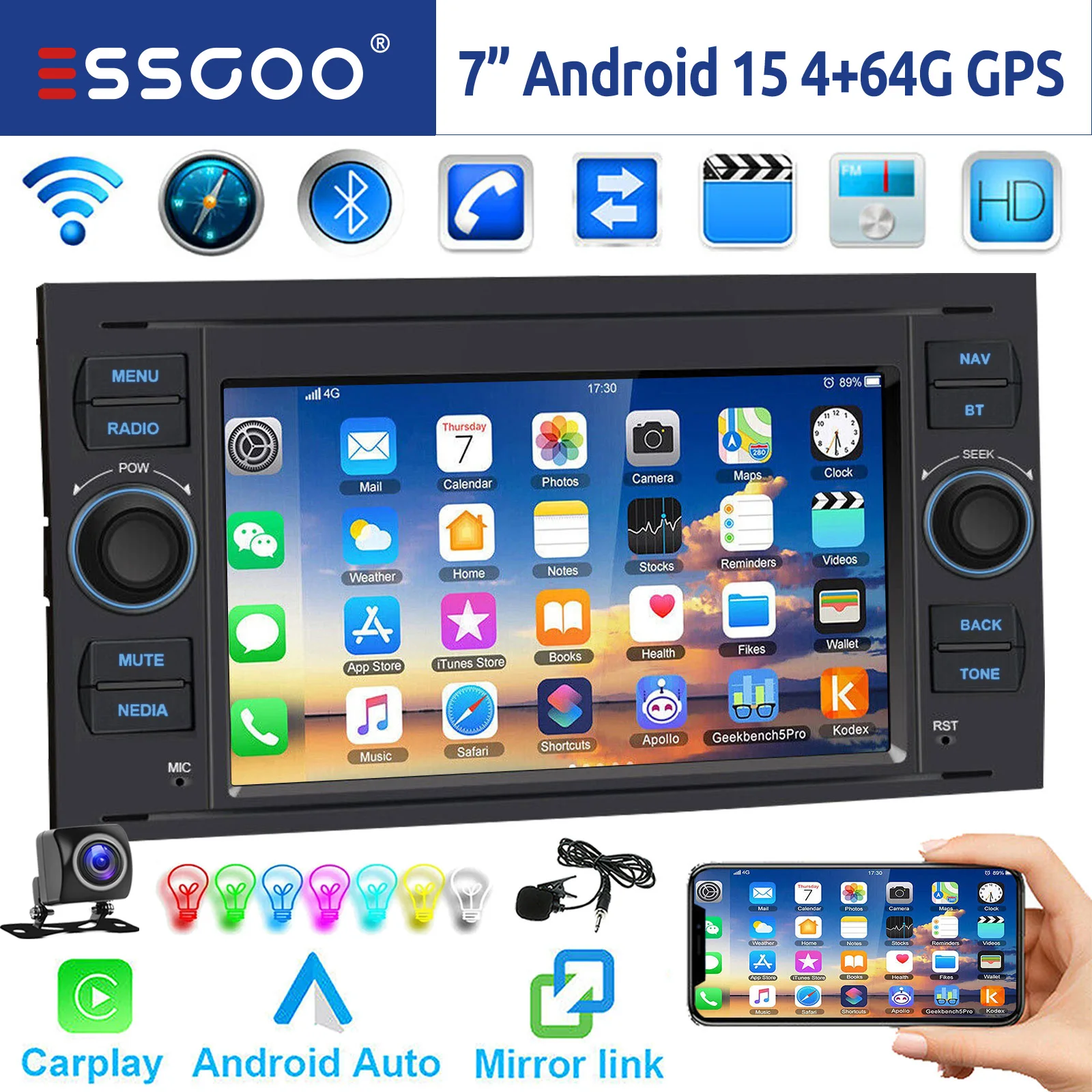 ESSGOO DAB Android 15 4+64G voor Ford Focus MK2 Transit MK7 Connect Fiesta Fusion Kuga C-Max S-Max Galaxy Autoradio Wireless Apple Carplay Android Auto GPS WIFI RDS FM Bluetooth 7" Touchscreen