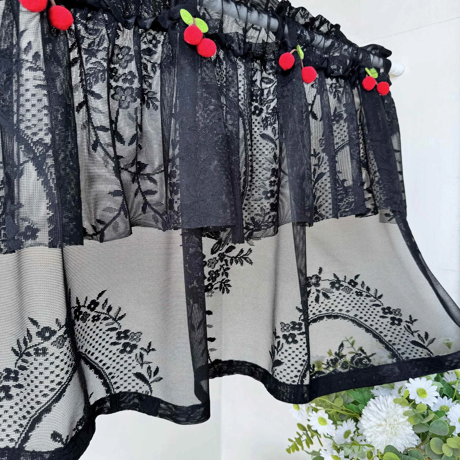 White Lace Short Kitchen Curtain Rod Pocket