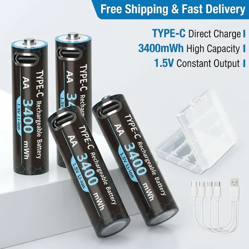

1.5V AA 3400mWh Type-C USB Rechargeable Li-ion Battery, Perfect for Hunting Cameras, Mice, Remotes, Smart Locks and Mics