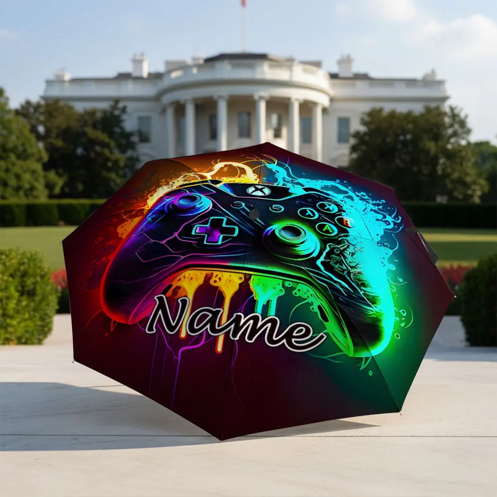 Custom Name Umbrella Neon Game Controller Graffiti Print Folding Umbrella, Portable Travel Parasol For Gamer Gaming Lovers