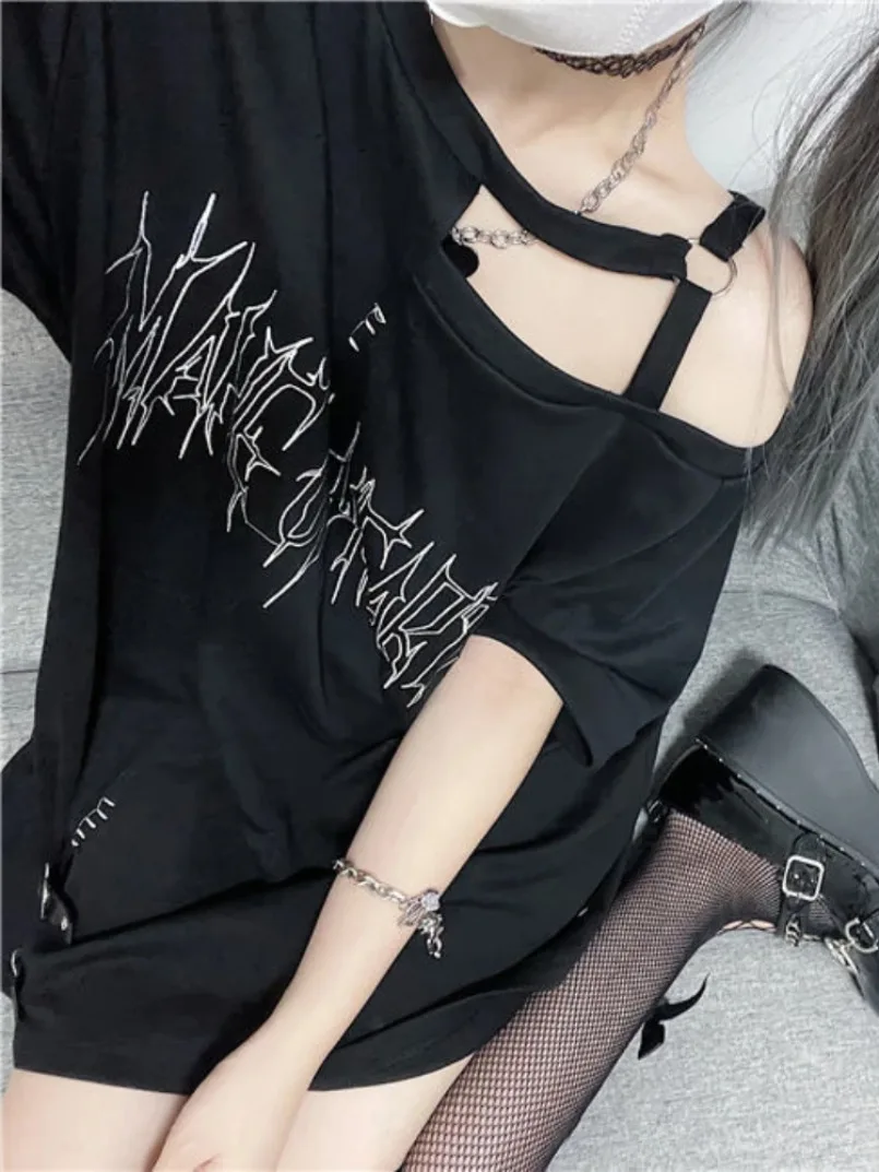 

New Y2k Girl Letter Print Off Shoulder Punk T-shirts Women Casual Street Black Gothic T Shirt Harajuku Streetwear Aesthetic