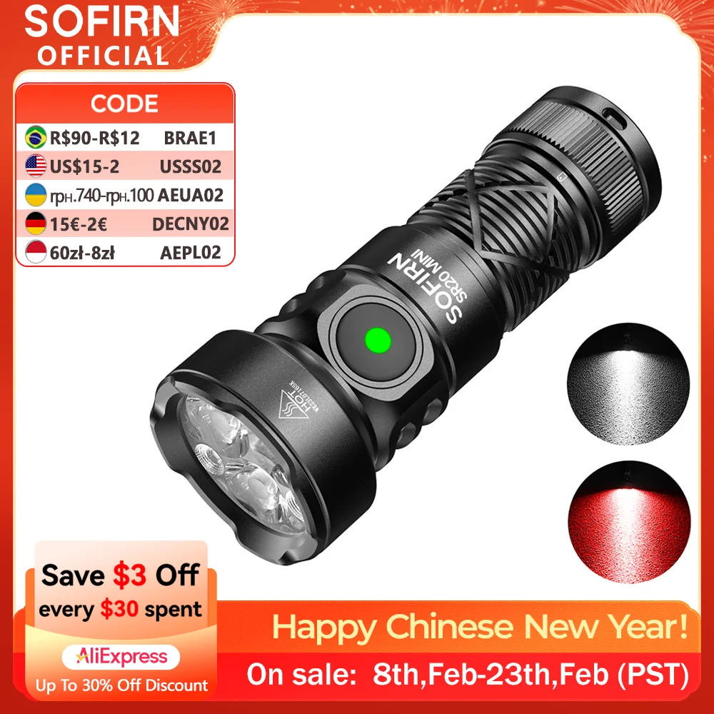 

Sofirn SR20 MINI 18350 USB C Rechargeable Flashlight 1200lm Powerful EDC Torch CSP2323 LED Light 5700K White and Red Light