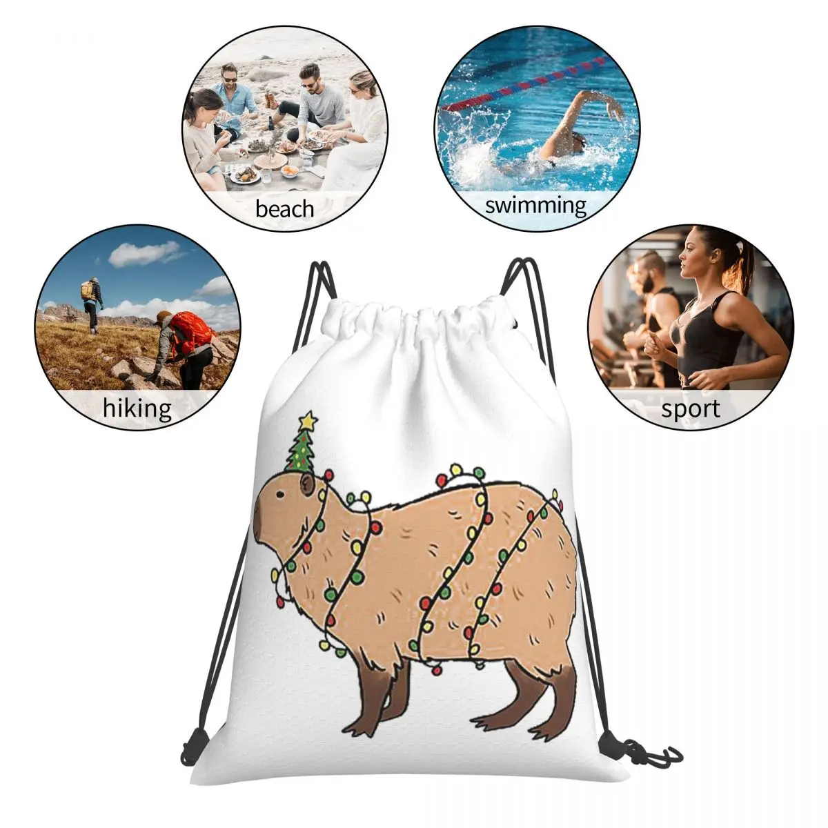 Cute Christmas Capybara Illustration Backpacks Multi-function Portable Drawstring Bags Sundries Bag Book Bags Man Woman Students