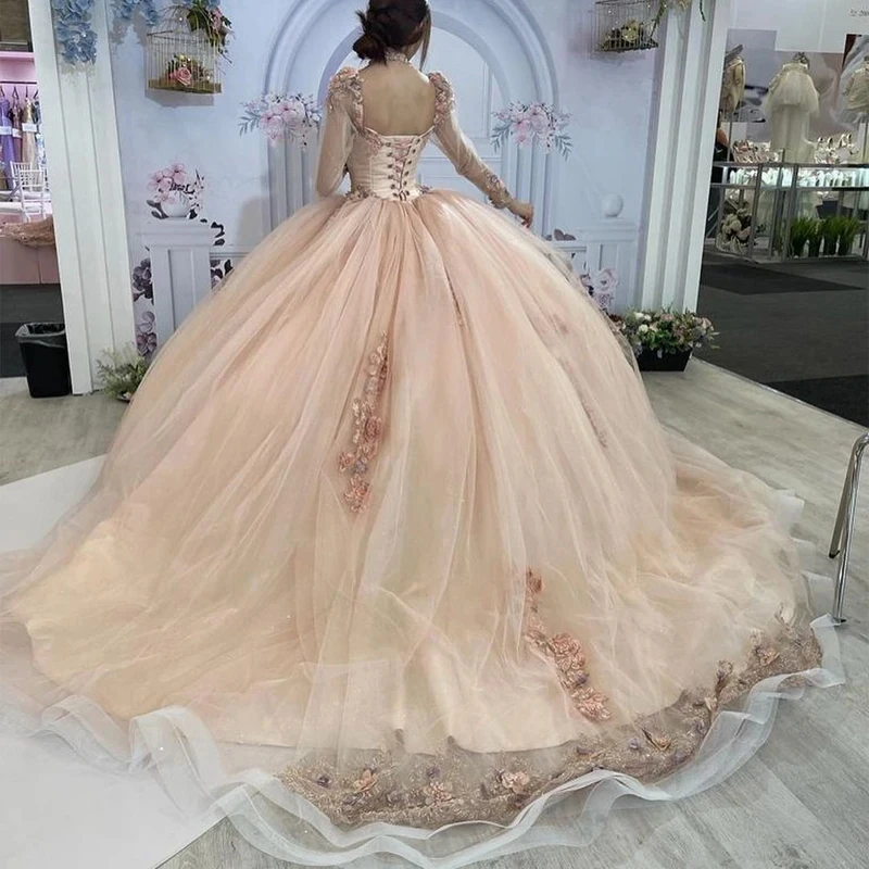 Angelsbridep Customized Long Sleeves Lace Up 3D Flowers Ball Gown Quinceanera Dress 15 Year Old Girls Formal Occasion Dresses