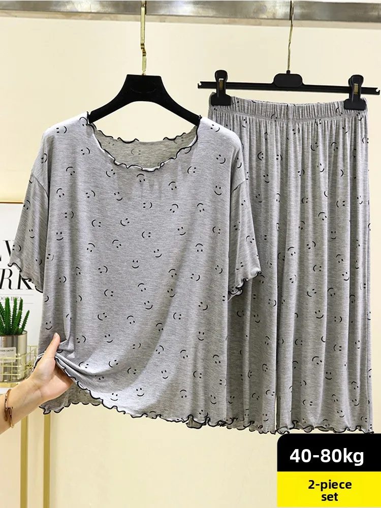 Women's Modal Sleepwear Set Summer Loose Short Sleeve Comfortable Home Clothes Outdoor Wearable  T-shirt Seven-Piece Pants