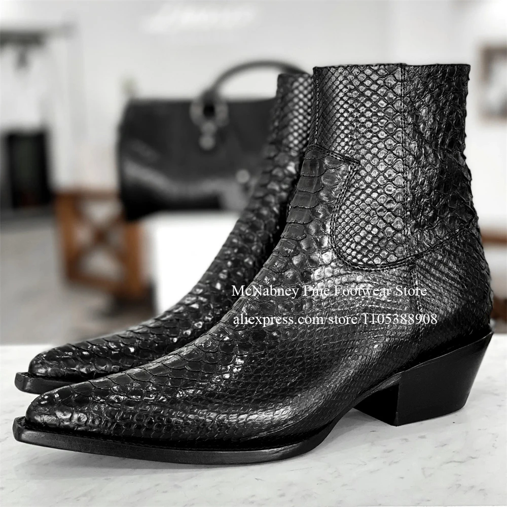 Black Snake Skin Chelsea Boots Handmade Pointed Toe Chunky Heel Ankle Boots Men Dress Shoes for Formal Streetwear Daily Wear