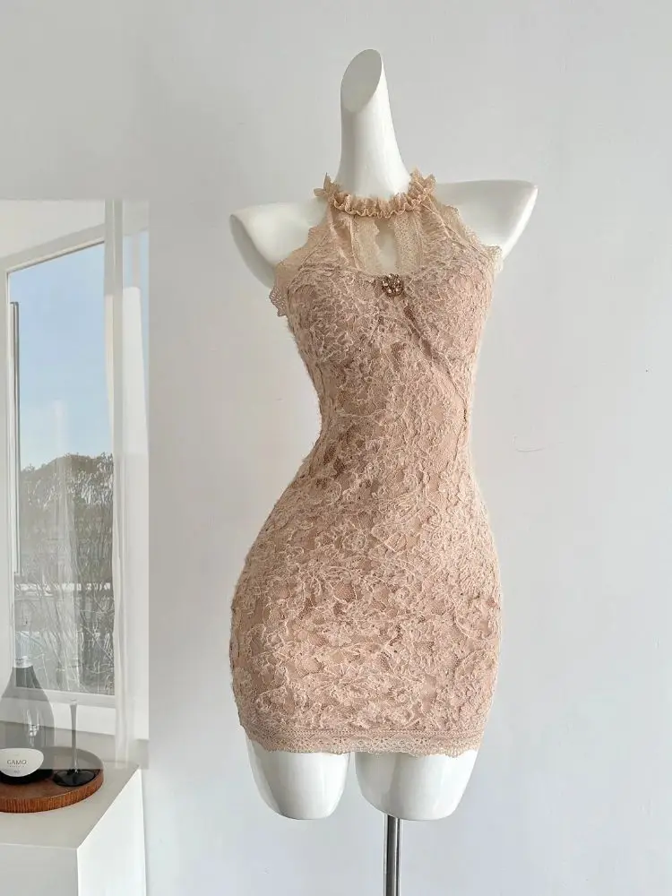 

Women's Coffee Lace Dress Korean Style Gentle Sweet Slim Fit Solid Color Sleeveless Summer Sexy Elegant Vest Fashion Designer