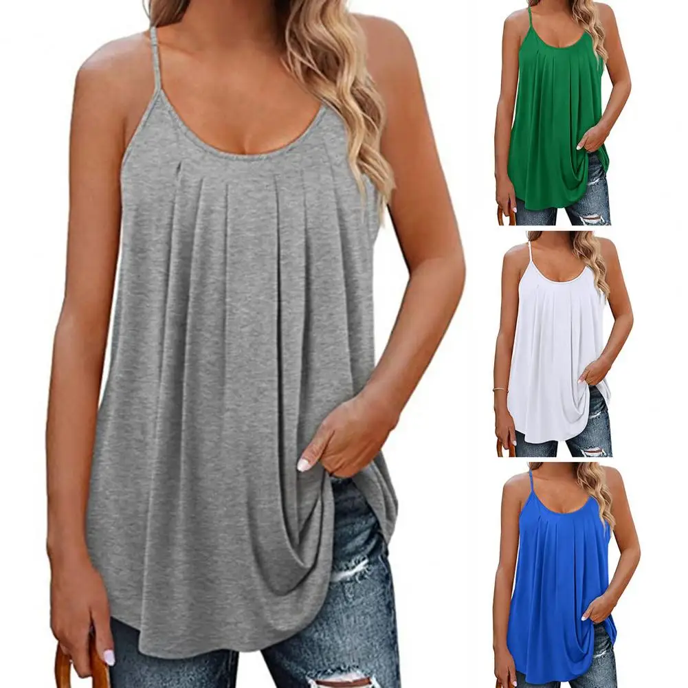 

Women's Summer Loose Tops Tank Pleated Hem O-Neck Sleeveless Women Vest Lady Casual Solid Color Loose Sling Top Streetwear