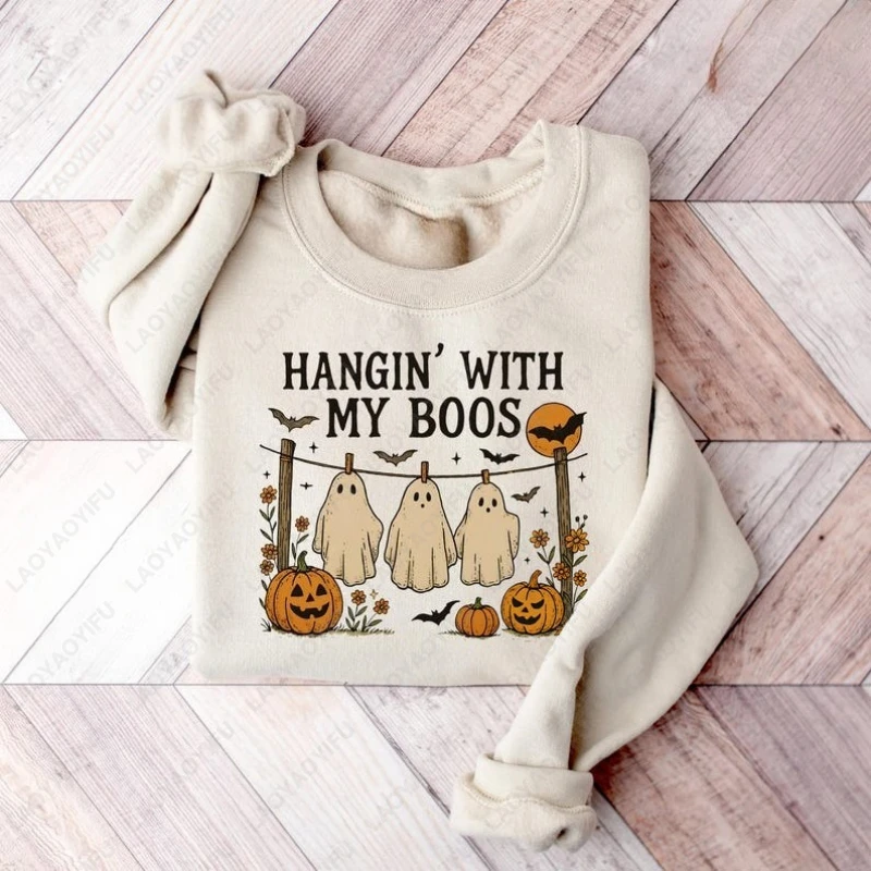 Hangin with My Boos Men Women Sweatshirt Funny Hanging Ghost Halloween Retro Cute Hoodie Fall Autumn Pumpkin Bat Unisex Pullover